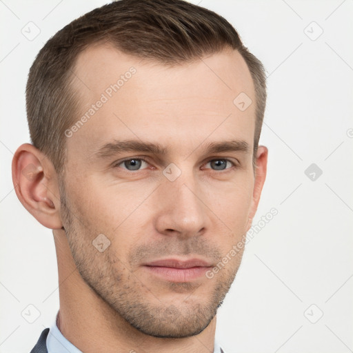 Neutral white young-adult male with short  brown hair and grey eyes