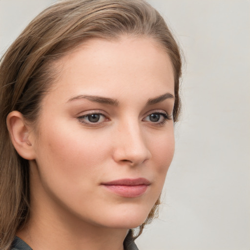 Neutral white young-adult female with long  brown hair and grey eyes