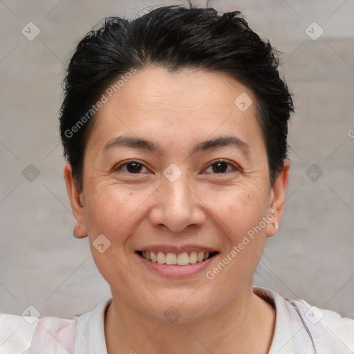 Joyful white adult female with short  brown hair and brown eyes