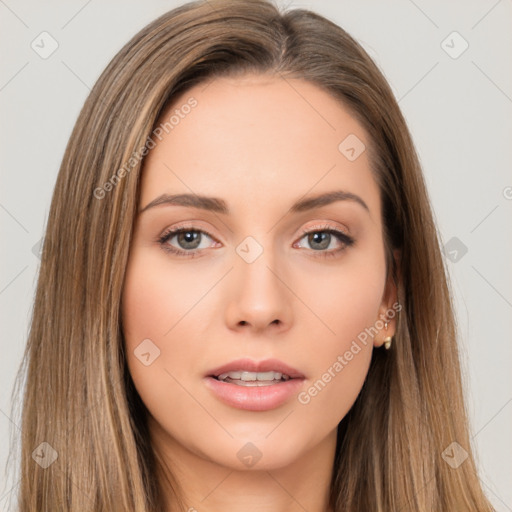 Neutral white young-adult female with long  brown hair and brown eyes