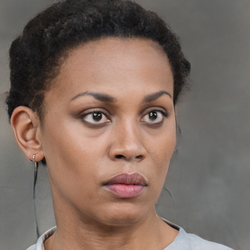 Neutral black young-adult female with short  brown hair and brown eyes