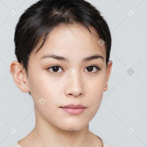 Neutral white young-adult female with short  brown hair and brown eyes