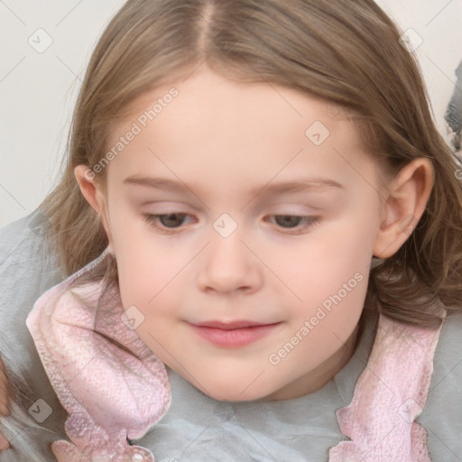 Joyful white child female with medium  brown hair and blue eyes