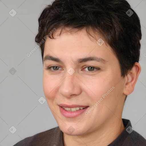 Joyful white young-adult female with short  brown hair and brown eyes