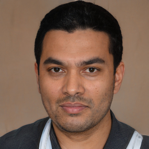 Neutral asian young-adult male with short  black hair and brown eyes