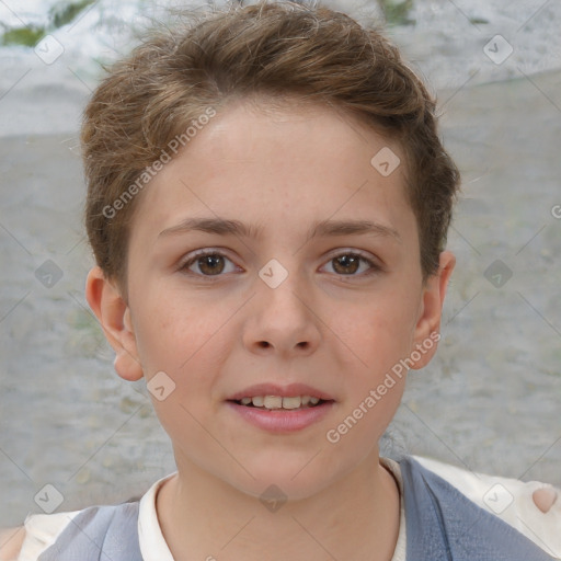 Joyful white child female with short  brown hair and brown eyes