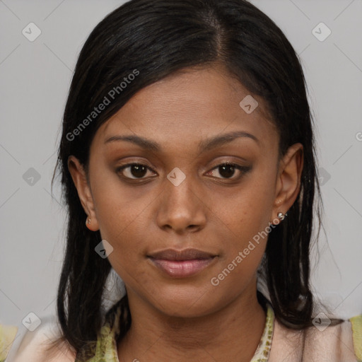 Joyful black young-adult female with medium  brown hair and brown eyes