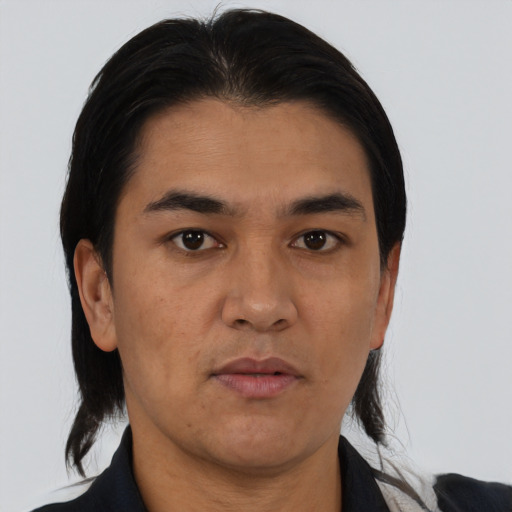Neutral asian adult male with medium  black hair and brown eyes