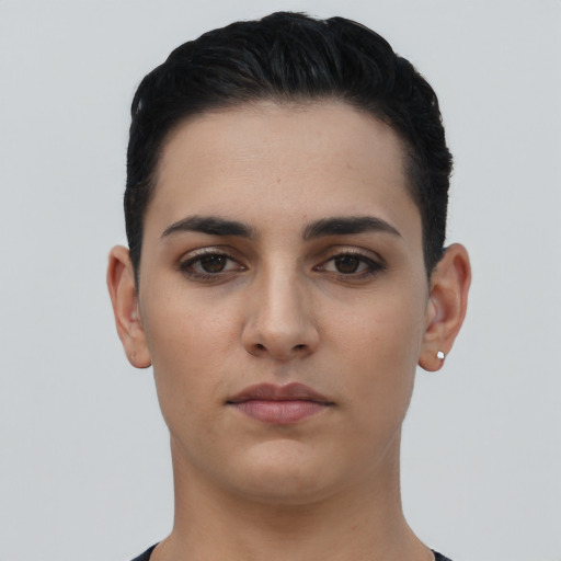 Neutral latino young-adult female with short  black hair and brown eyes