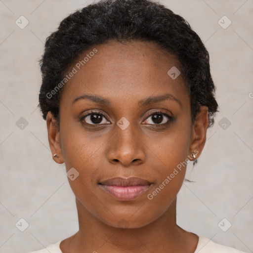 Neutral black young-adult female with short  brown hair and brown eyes