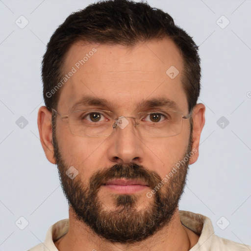 Neutral white adult male with short  brown hair and brown eyes