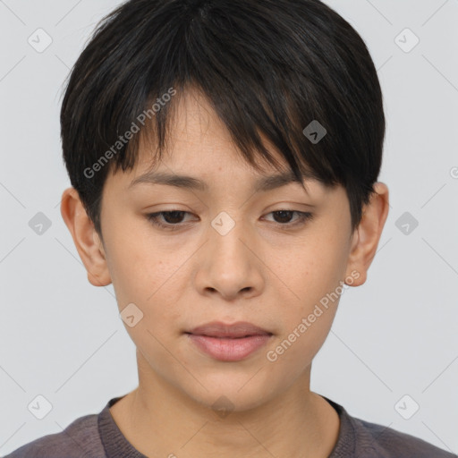 Neutral asian young-adult female with short  brown hair and brown eyes