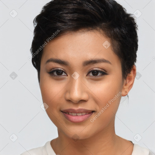 Joyful latino young-adult female with short  brown hair and brown eyes