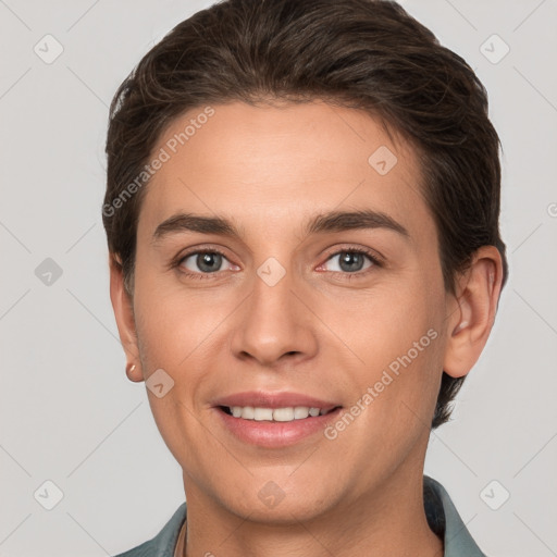 Joyful white young-adult female with short  brown hair and brown eyes