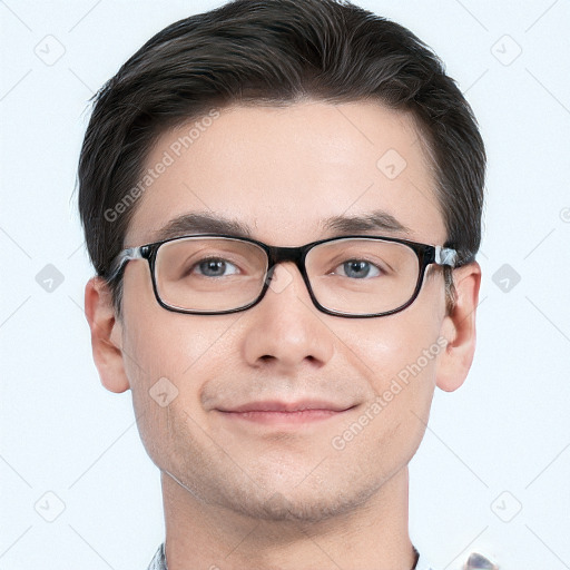 Neutral white young-adult male with short  brown hair and grey eyes