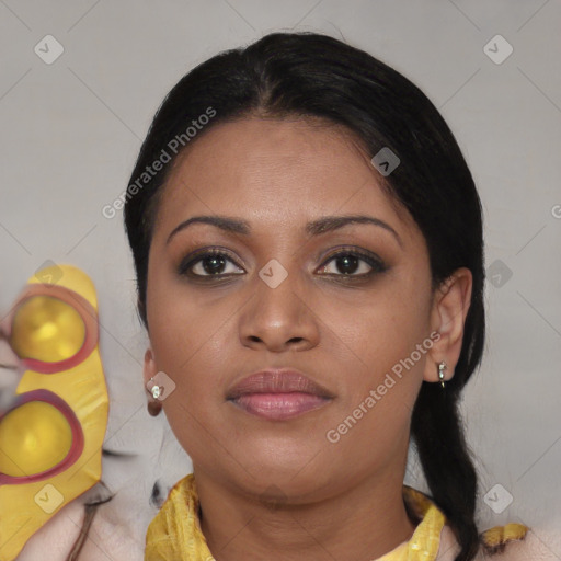 Neutral asian young-adult female with medium  brown hair and brown eyes