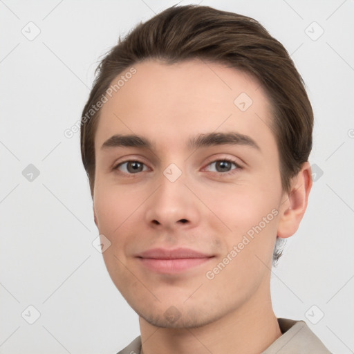 Neutral white young-adult male with short  brown hair and brown eyes