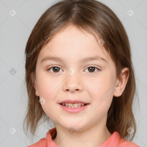 Joyful white child female with medium  brown hair and brown eyes