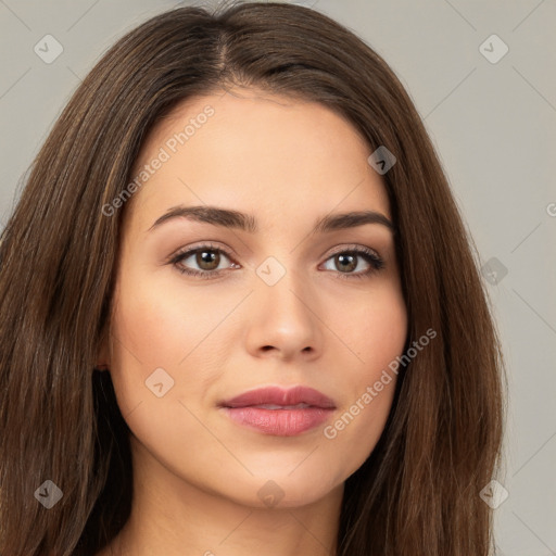 Neutral white young-adult female with long  brown hair and brown eyes