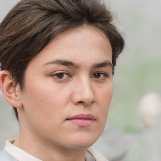 Neutral white young-adult female with short  brown hair and brown eyes