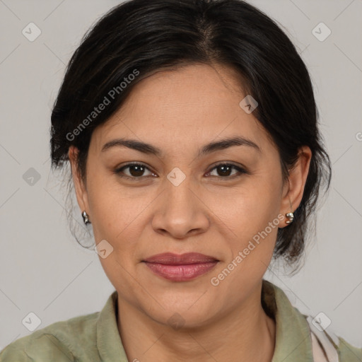 Joyful white adult female with medium  brown hair and brown eyes