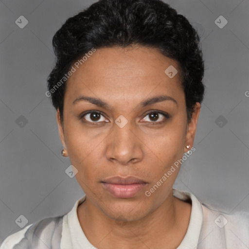 Neutral black young-adult female with short  black hair and brown eyes