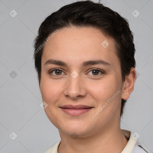 Joyful white young-adult female with short  brown hair and brown eyes