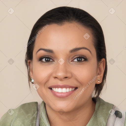 Joyful white young-adult female with long  brown hair and brown eyes