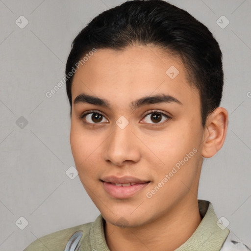 Joyful latino young-adult female with short  brown hair and brown eyes