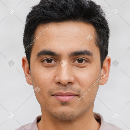 Joyful latino young-adult male with short  black hair and brown eyes