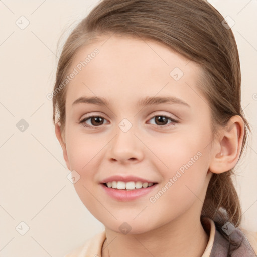 Joyful white child female with medium  brown hair and brown eyes