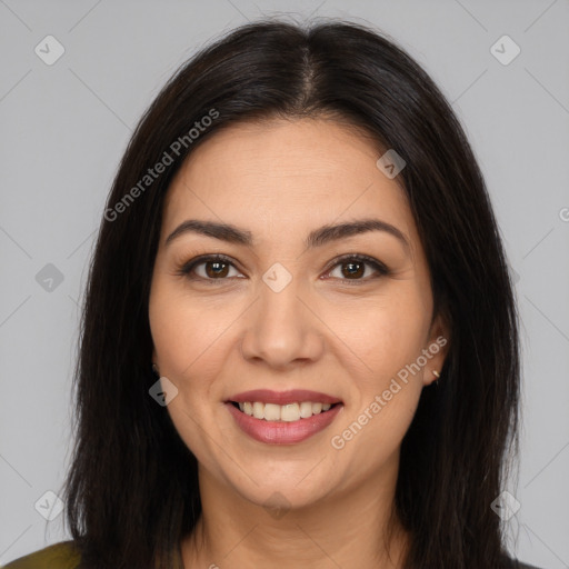 Joyful white young-adult female with long  brown hair and brown eyes