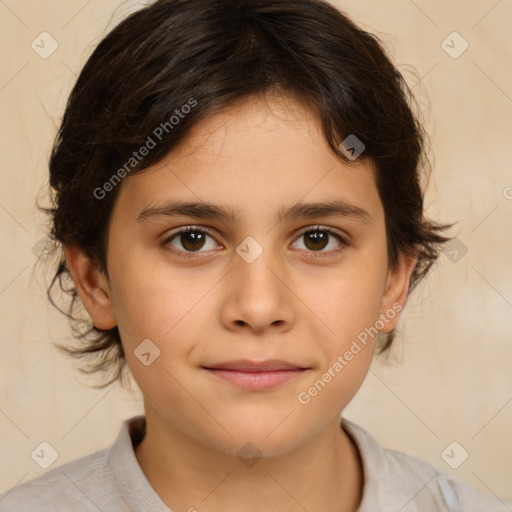 Joyful white child female with medium  brown hair and brown eyes