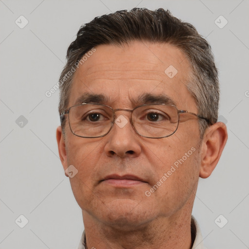 Neutral white middle-aged male with short  brown hair and brown eyes