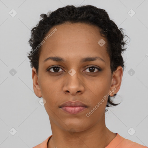 Neutral black young-adult female with short  brown hair and brown eyes