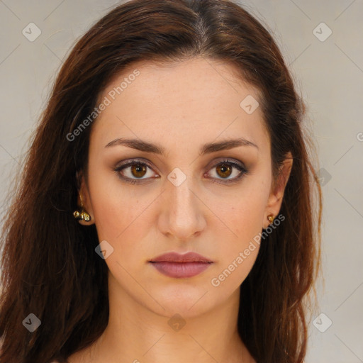 Neutral white young-adult female with long  brown hair and brown eyes