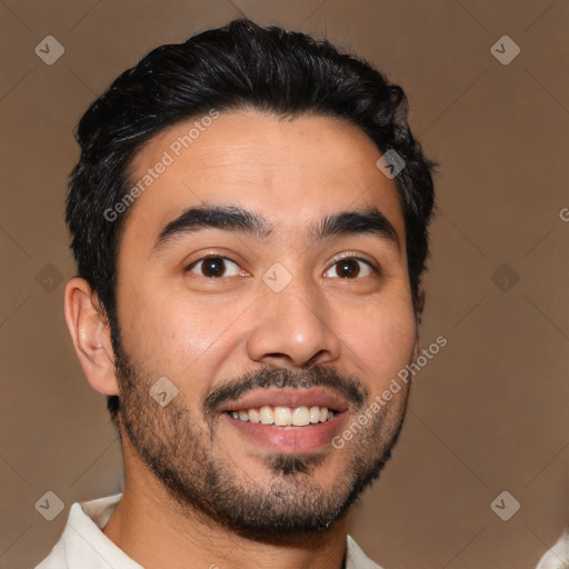 Joyful latino young-adult male with short  black hair and brown eyes