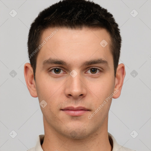 Neutral white young-adult male with short  brown hair and brown eyes