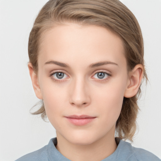 Neutral white young-adult female with medium  brown hair and grey eyes