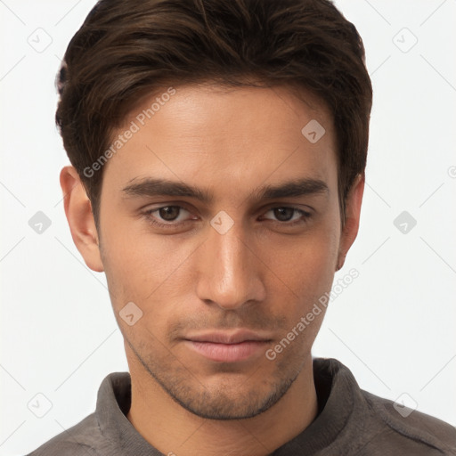 Neutral white young-adult male with short  brown hair and brown eyes