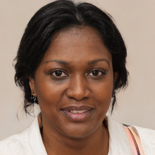 Joyful black adult female with medium  brown hair and brown eyes