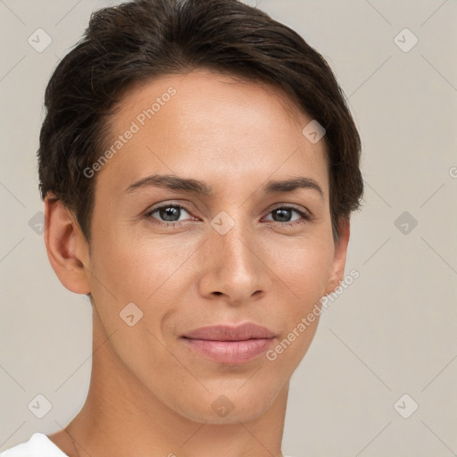 Joyful white young-adult female with short  brown hair and brown eyes