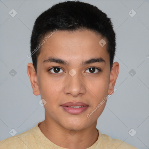 Joyful latino young-adult male with short  brown hair and brown eyes