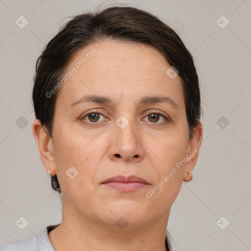 Neutral white adult female with short  brown hair and brown eyes