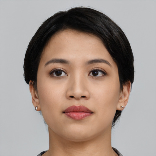 Neutral asian young-adult female with short  black hair and brown eyes