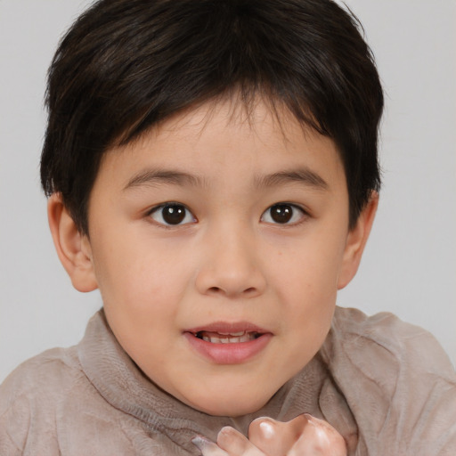 Joyful white child female with short  brown hair and brown eyes