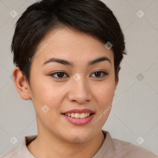 Joyful white young-adult female with short  brown hair and brown eyes