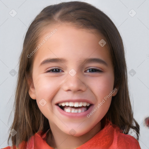 Joyful white child female with medium  brown hair and brown eyes