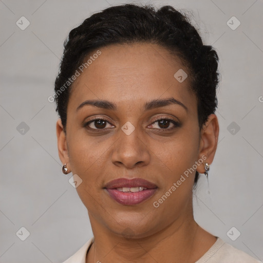 Joyful latino young-adult female with short  brown hair and brown eyes