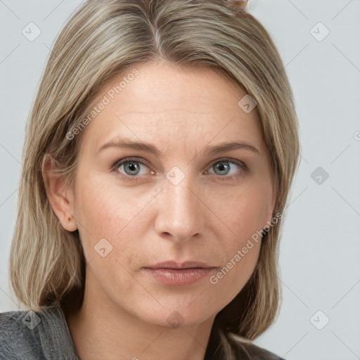 Neutral white young-adult female with medium  brown hair and grey eyes